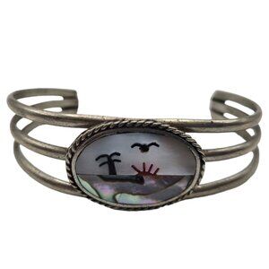 Vintage Abalone Shell Beach Scene Bracelet Palm tree Ocean Seagull Bird